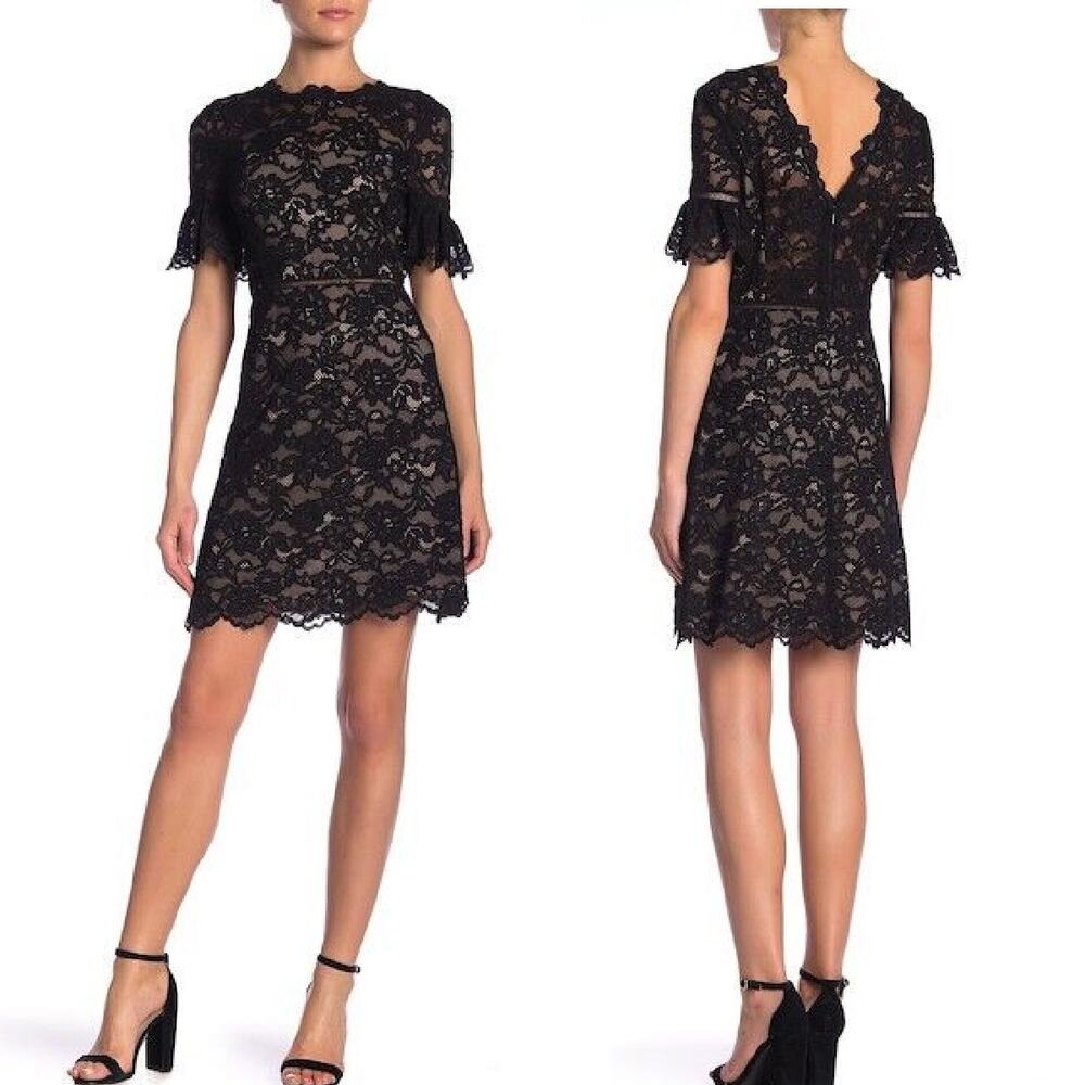 Rebecca Taylor Black Lace Mini Dress Size 4 Open Back Short Sleeve Party